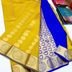 Beautiful Design Butta Mphoss Saree Yellow w/ Indigo Blue Color