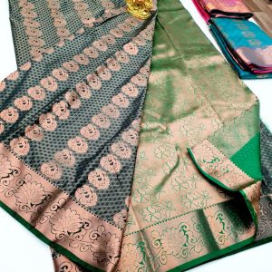 Copper Zari Work Butta Mphoss Saree Bottle Green Color w/ Blouse
