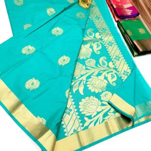 Flower Design Butta Mphoss Saree Rose Milk, Ramar Blue, Green Color w/ Blouse