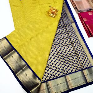 High Fancy Kanjivaram Silk Saree Mix Lemon Yellow Color w/ Blouse