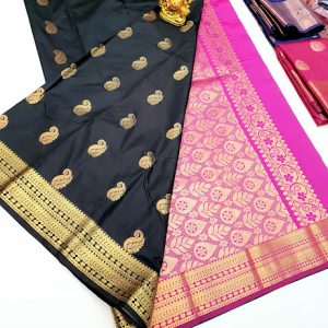 High Fancy Kanjivaram Silk Saree Mix Black Color w/ Blouse