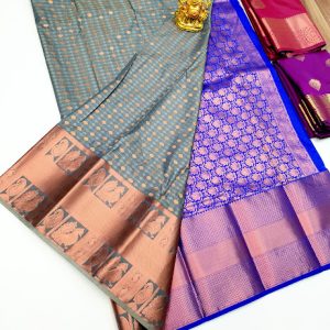 Copper Zari Work High Fancy Kanjivaram Silk Saree Mix Yellow, Grey Color w/ Blouse