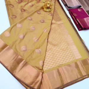 High Fancy Kanjivaram Silk Saree Mix Light Yellow Color w/ Blouse