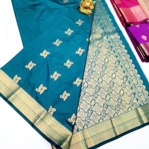 New Trendy Design High Fancy Kanjivaram Silk Saree Mix Peacock Blue Color w/ Blouse