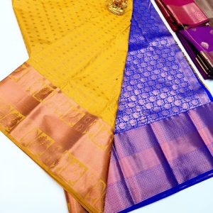 Copper Zari Work High Fancy Kanjivaram Silk Saree Mix Yellow, Grey Color w/ Blouse