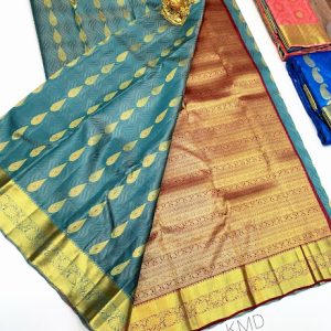 K.M.D Soft 75% Pure Silk Saree Copper Blue Color w/ Blouse