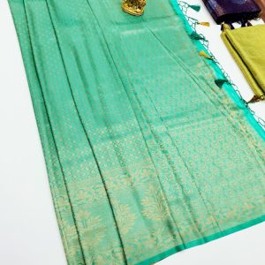 Kanjivaram Semi Silk Saree Safari Green Color w/ Blouse