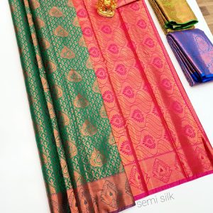 Copper Zari work Kanjivaram Semi Silk Saree Bottle Green Color