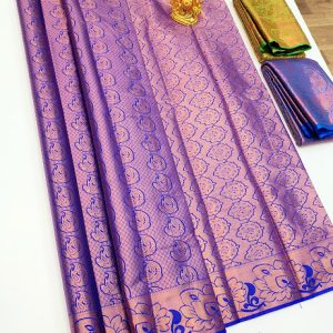 Copper Zari work Kanjivaram Semi Silk Saree Indigo Blue Color