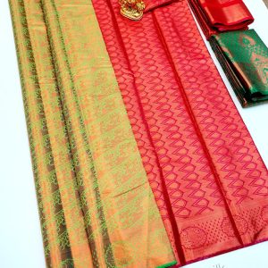 Copper Zari work Kanjivaram Semi Silk Saree Light Green Color