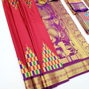 Kanjivaram Semi Silk Pink, Orange, Double Shade, Chilli Red, Elephant, Fanta Orange, Rose Color