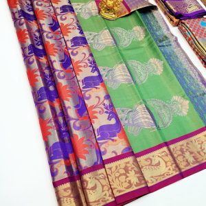 Deer Design Kanjivaram Semi Silk Silver and Purple Color w/ Blouse