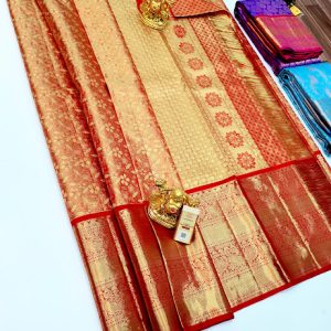 New Design Kanjivaram Pure Wedding Silk Saree Apple Red Color w/ Blouse