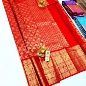 Kanjivaram Pure Wedding Silk Saree Chilli Red Color w/ Blouse