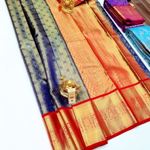 Kanjivaram Pure Wedding Silk Saree Copper Blue Color w/ Blouse