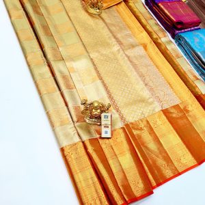 New Trendy Design Kanjivaram Pure Wedding Silk Saree Cream White Color w/ Blouse