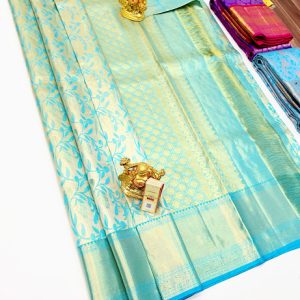 Kanjivaram Pure Wedding Silk Saree Sky Blue Color w/ Blouse