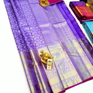 Trendy Flower Design Kanjivaram Pure Wedding Silk Saree Violet Color w/ Blouse