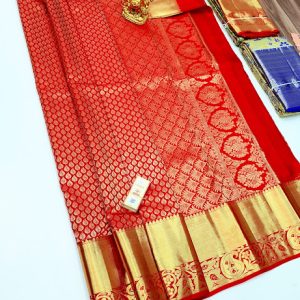 Matching Blouse Kanjivaram Pure Wedding Silk Saree Apple Red Color