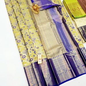 Traditional Kanjivaram Pure Wedding Silk Saree Cream w/ Ink Blue Color Matching Blouse