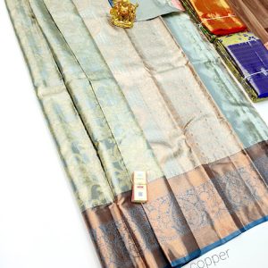 Flower Design Copper Zari Work Kanjivaram Pure Wedding Silk Saree Grey Color w/ Blouse