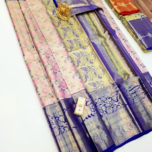 Rose Color Flower Design Kanjivaram Pure Wedding Silk Saree Cream Color w/ Blouse