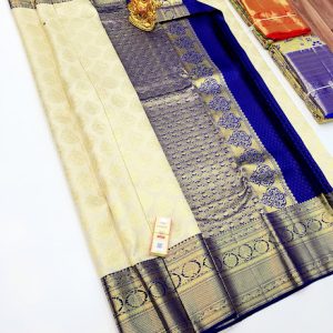 Trendy Design Kanjivaram Pure Wedding Silk Saree White Color w/ Blouse