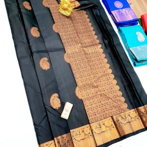 Trendy Mango Design Pure Kanjivaram Fancy Silk Saree Black Color w/ Blouse