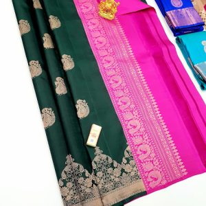 Traditional Annam Design Pure Kanjivaram Fancy Silk Saree Bottle Green w/ Pink Color