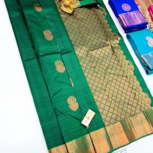 Copper Zari Work Pure Kanjivaram Fancy Silk Saree Green Color w/ Blouse