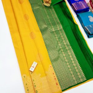 Latest and Trendy Design Pure Kanjivaram Fancy Silk Saree Mango Yellow Color w/ Blouse