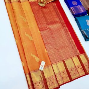 Peacock Design Pure Kanjivaram Fancy Silk Saree Orange, Double Shade(Pink,Red) Color w/ Blouse