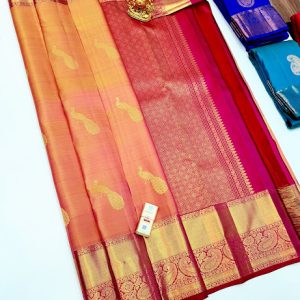 Peacock Design Pure Kanjivaram Fancy Silk Saree Orange, Double Shade(Pink,Red) Color w/ Blouse