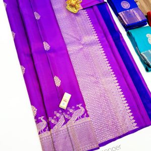 Peacock Design Pure Kanjivaram Fancy Silk Saree Purple Color w/ Blouse