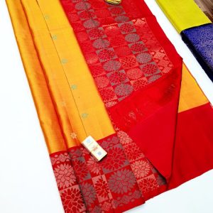 Beautiful Design Pure Soft Silks Saree Mango Yellow, Red Color w/ Blouse