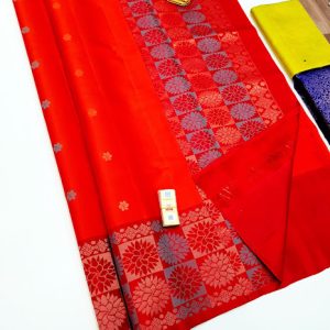 Beautiful Design Pure Soft Silks Saree Mango Yellow, Red Color w/ Blouse