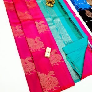 Trendy Annam Design Pure Soft Silks Saree Rose, Ink Blue Color w/ Blouse