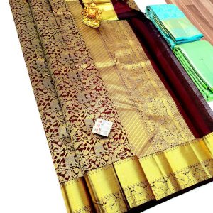 Peacock and Parrot Design Kanjivaram Pure Bridal Silk Sarees Brown Color