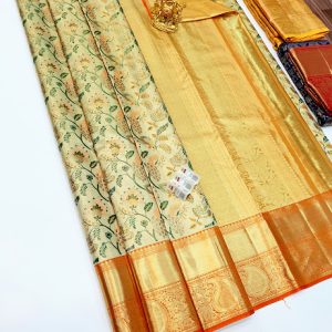 Trendy Flower Design Kanjivaram Pure Bridal Silk Sarees Cream White w/ Orange Color