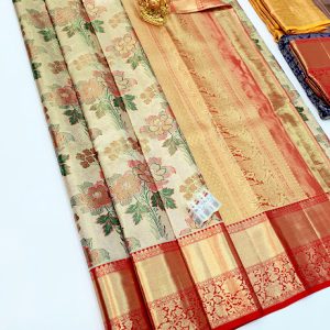 Kanjivaram Pure Silk Saree Cream White Grey w/ Red Color With Blouse