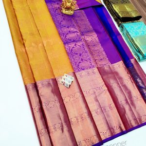 Big Border Kanjivaram Pure Silk Saree Fanta Orange w/ Purple Color