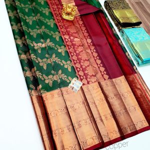 Trendy Design Kanjivaram Pure Silk Saree Green w/ Apple Red Color Copper Zari Work