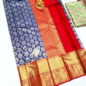 Trendy Latest Design Kanjivaram Pure Silk Saree Ink Blue w/ Red Color