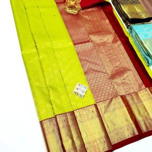 New Design Kanjivaram Pure Bridal Silk Saree Lemon Green w/ Red Color