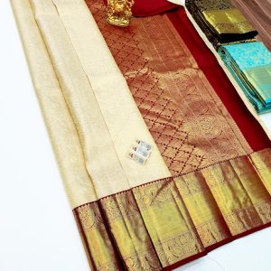 Kanjivaram Pure Bridal Silk Saree Off White w/ Red Color