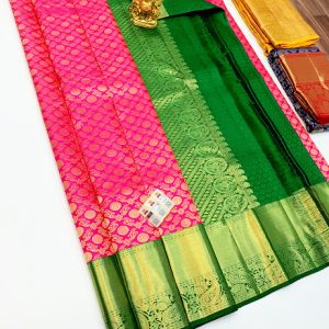 New Circle Design Kanjivaram Pure Silk Saree Rose w/ Green Color