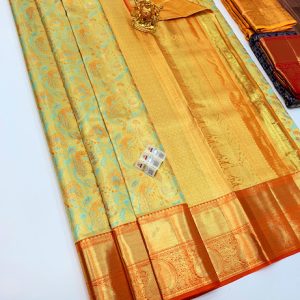Peacock and Flower Design Kanjivaram Pure Silk Saree Golden Zari Color w/ Blouse