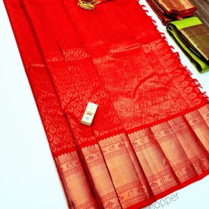 Beautiful Work Design Kanjivaram Pure Wedding Silk Saree Chilli Red Color w/ Blouse