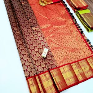 Latest Trendy Design Kanjivaram Pure Wedding Silk Saree Kumkum Red Color w/ Blouse