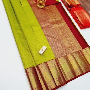 Beautiful Kanjivaram Pure Wedding Silk Saree Lemon Green Color w/ Blouse